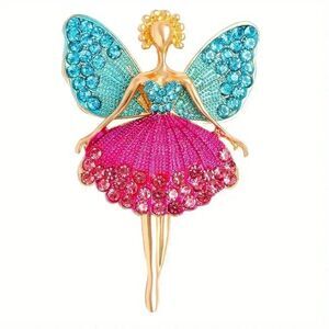 Colorful Ballet Dance Fairy with Wings Sparkly Goldtoned Rhinestone Brooch Pin